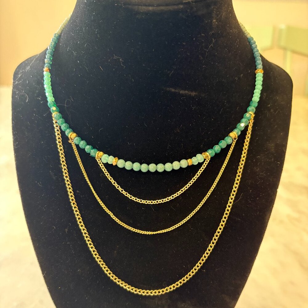 Nakamol Adjustable Clasp Necklace with Aqua Beading + Gold Chain 13.5 - 16 inch